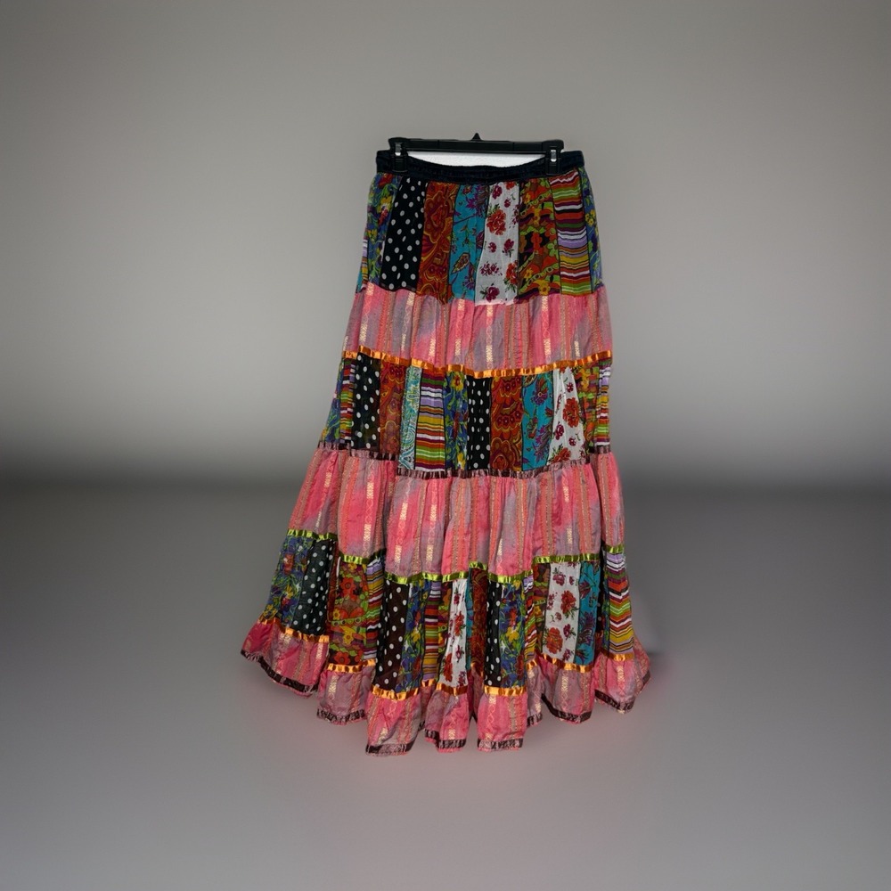 Ani Boho Patchwork Maxi Skirt Women‎ Elastic Waist Size S Ruffle Gypsy Hippie
